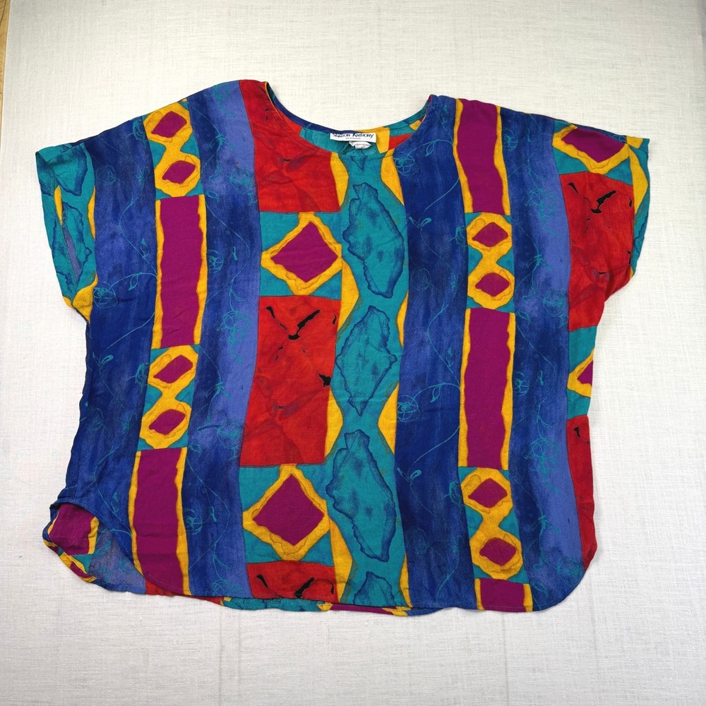 VTG Sharon Anthony Blouse 1X Bright Multicolor Women Abstract Geometric Boxy Top